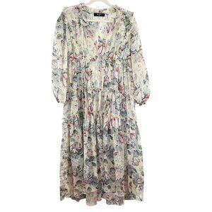 O.P.T. Cream Floral Ruffle Tiered Felicity Midi Dress Sheer Boho Indie MEDIUM